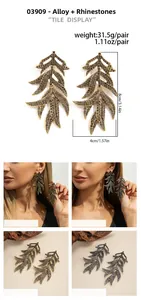 Detail view of large leaf earrings with rhinestones, including size specs and model shot