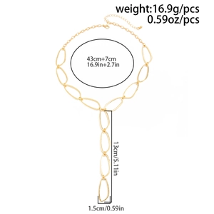 Détail du collier en Y doré avec dimensions et spécifications de poids indiquées