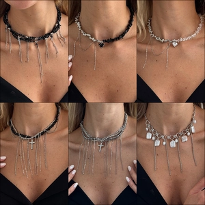 Gotische Quaste Halskette Legierung Strass Kreuz Herz Anhänger Barock Künstliche Perle Mehrlagige Kette Für Damen Mode Party Schmuck