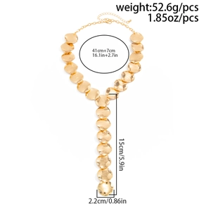 Detail of gold-tone Y-necklace showing textured metal discs and sizing dimensions