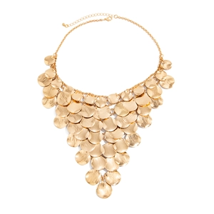 Statement gold multi-layered round metal disc Y-fringe necklace with brushed finish surface