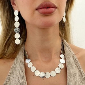 Silver geometric brushed metal disc necklace and tassel drop earrings jewelry set