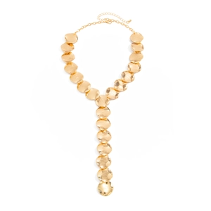 Golden Y-shaped long necklace set with textured irregular flat round discs and lobster clasp