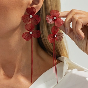 Elegant red metal wire ginkgo flower earrings with long tassels and crystal accents