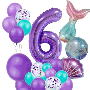 Mermaid theme 6th birthday balloon set with purple number 6, tail and shell balloons