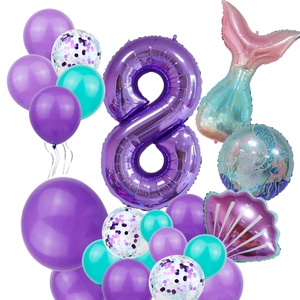 Mermaid 8th birthday balloon set with purple number 8, shell and fish tail foil balloons