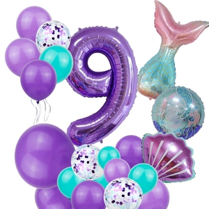 Detail of mermaid 9th birthday balloon kit with purple number 9 and gradient fishtail