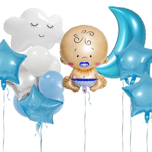 Set di palloncini per baby shower con luna blu, nuvola e stelle su sfondo bianco
