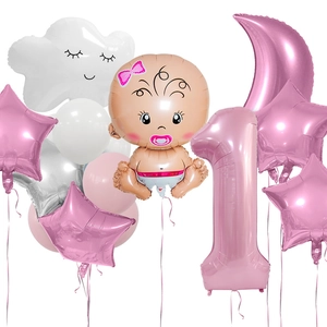 Set palloncini baby shower con neonato cartoon e palloncini numero 1 rosa