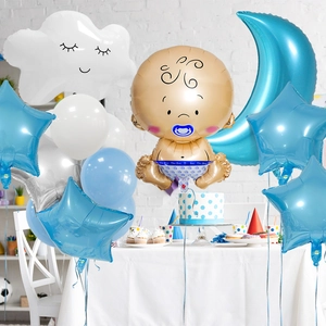 Set di palloncini per baby shower blu e bianchi con nuvola, stelle e luna decorativa