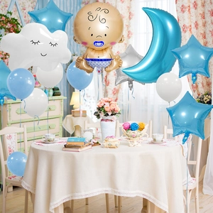 Set palloncini Baby Shower con baby, nuvola, luna e stelle in blu e bianco