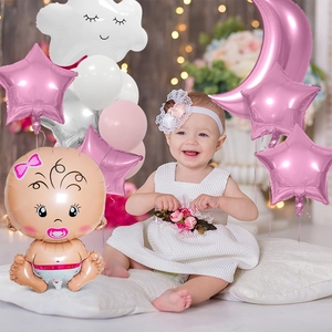 Set di palloncini per Baby Shower bimba con nuvole e stelle in alluminio rosa e bianco