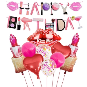 Makeup Theme Birthday Party Decoration Red Lip Lipstick Shape Aluminum Foil Balloons Latex Confetti Balloons Happy Birthday Banner For Valentine's Day Wedding Bridal Shower Party Decor