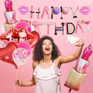 Lipstick and red lips foil balloon set for birthday party decorations with banner