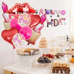 Lipstick and lips foil balloon set for makeup themed party and wedding decor