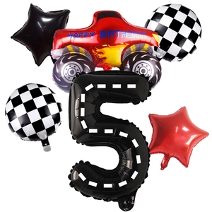 Kit ballons 5ème anniversaire thème course avec monster truck et drapeaux damier