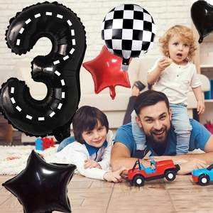 Racing car theme 3rd birthday balloon set with checkered flags and 40 inch number 3