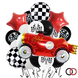 Racing Car Theme Balloon Set Checkered Flag Aluminum Film Latex Balloons For Boys Kids Birthday Party Racing Decoration