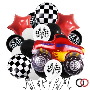 Racing monster truck theme party balloon set with checkered flags and stars for birthday