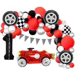 Racing party balloon set with red car, number 1 foil balloon and checkered flags
