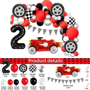 Racing theme balloon arch kit with number 2, checkered flags and red race car foil balloons
