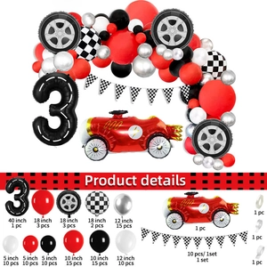 Racing theme party decor set with red car balloon and black white checkered flags