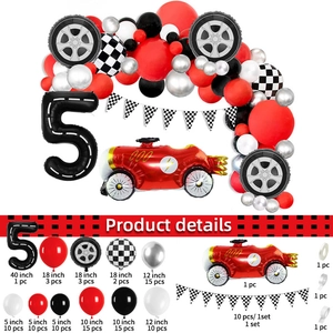 Racing car themed party kit with checkered flags, number 5 balloon and tire designs