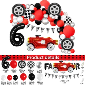 Racing party set with red race car, number 6 foil balloon, tire balloons and checkered flags