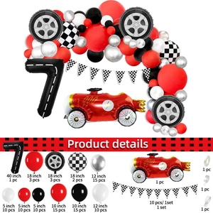 Racing car birthday kit with red car balloon, number 7, and checkered flags detail