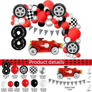 Race car balloon set detail with red car foil, number 8 balloon, and checkered party flags