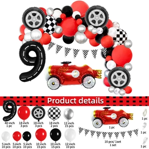 Racing party kit details showing number 9 balloon, checkered flags and latex balloons