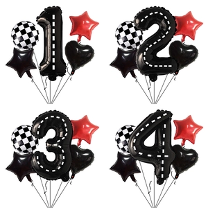 Racing Car Theme Birthday Decoration Aluminum Film Number Balloon Checkered Round Star Heart Foil Balloons Decor Kit