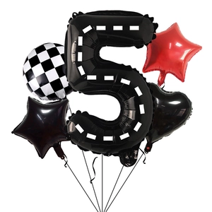 Racing themed number 5 foil balloon set with checkered flags for birthday party decor