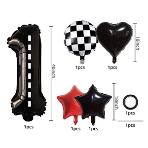 Racing themed party balloon set with black track pattern number 1 and foil balloons