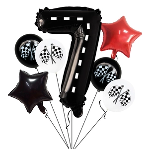 Racing theme set with 40-inch number 7 balloon and checkered flag party decorations