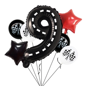 Racing theme set featuring a large number 9 balloon with checkered flags for 9th birthday