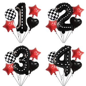 Racing themed birthday balloon set with black number, checkered and red star balloons