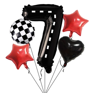 Racing themed party balloon set with black number 7 and red star balloons on white background