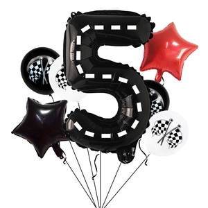 Racing theme party set with black number 5 track balloon and checkered flag balloons