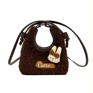 Brown faux lamb wool shoulder bag with 3D cute rabbit doll and embroidery detail
