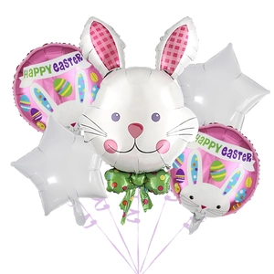 Set di 5 palloncini pasquali con testa di coniglio bianco e stelle Happy Easter in foil