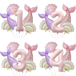 Mermaid Theme Party Balloons Aluminum Foil Shell Mermaid Tail Large Pink Number Girls Birthday Decoration Matte Dreamy