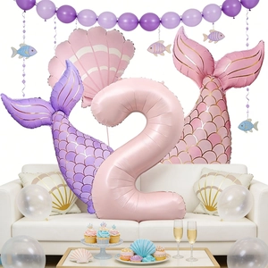 Pink and purple mermaid tail balloon set with a large number 2 for birthday party decor