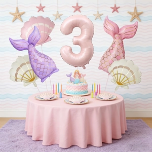 Mermaid party decoration set with shell and number 3 foil balloons for girls birthday