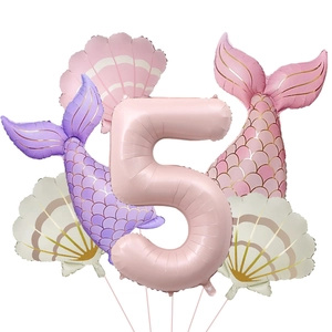 Mermaid birthday party balloon set with pink number 5, seashell and fish tail shapes