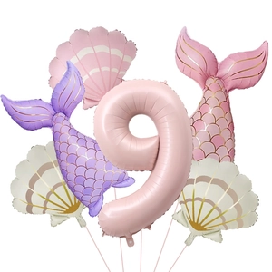 Detailed set of matte mermaid tail and shell foil balloons with pink number 9 balloon