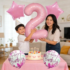 Pink number 2 foil balloon set with star and happy birthday butterfly decorations