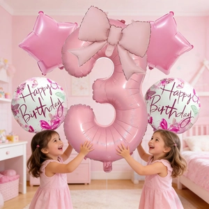 Pink 3rd birthday balloon set with number 3, star shapes and large bowknot foil balloons