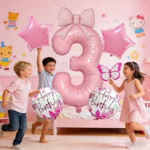 Pink number 3 balloon set with butterfly and star shapes for girl birthday party decor