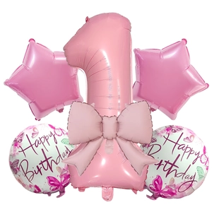 Detail of pink number 1 foil balloon with bow and Happy Birthday star balloons